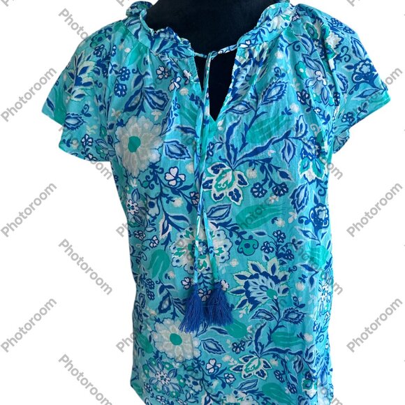 Talbots Blue & White Floral Short Sleeve Tassel Tie Neck Small Blouse - Picture 1 of 5